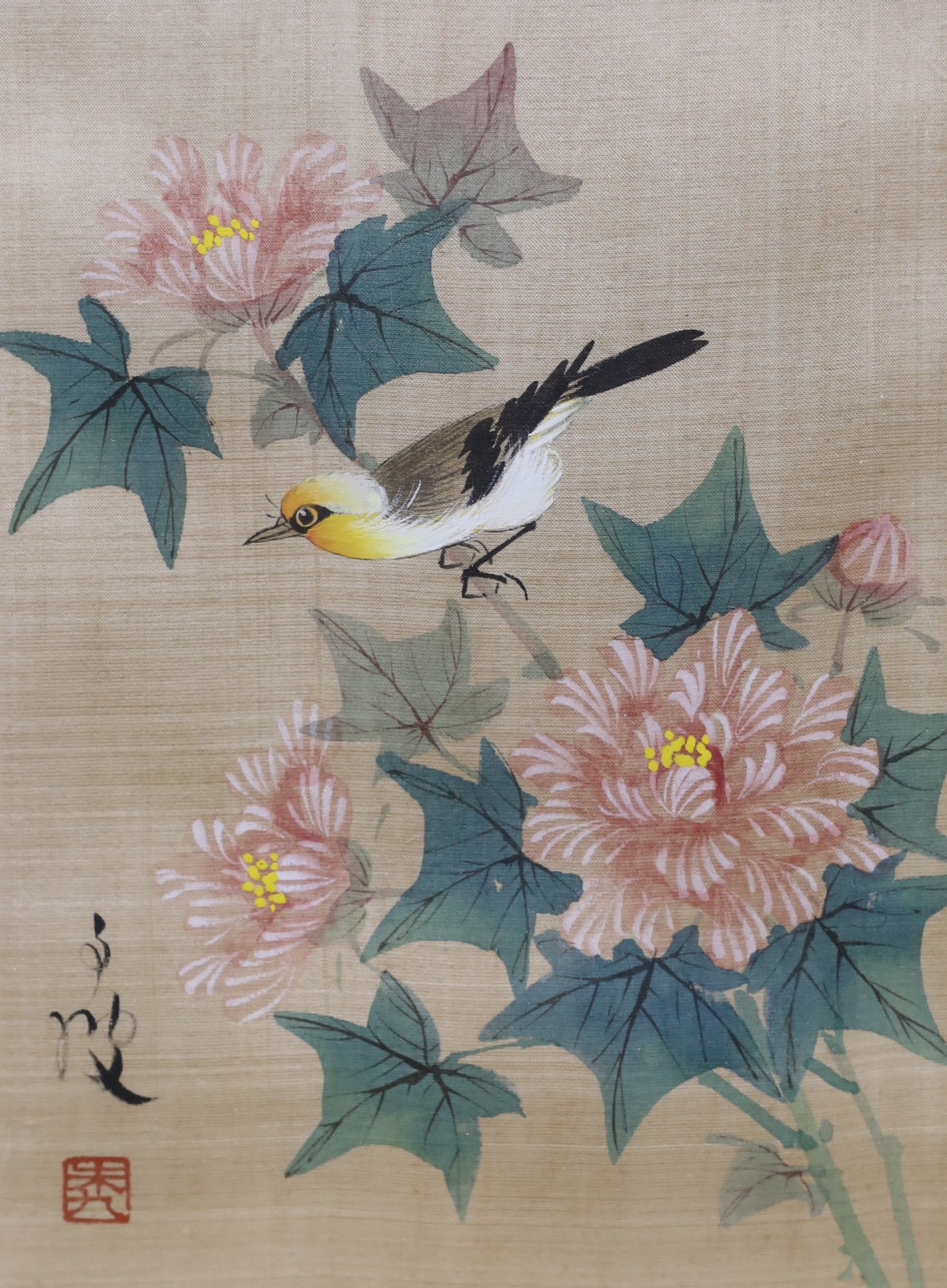 20th century Chinese School, pair of gouaches on silk, Birds on bamboo and Chrysanthemums, signed, 20 x 15cm